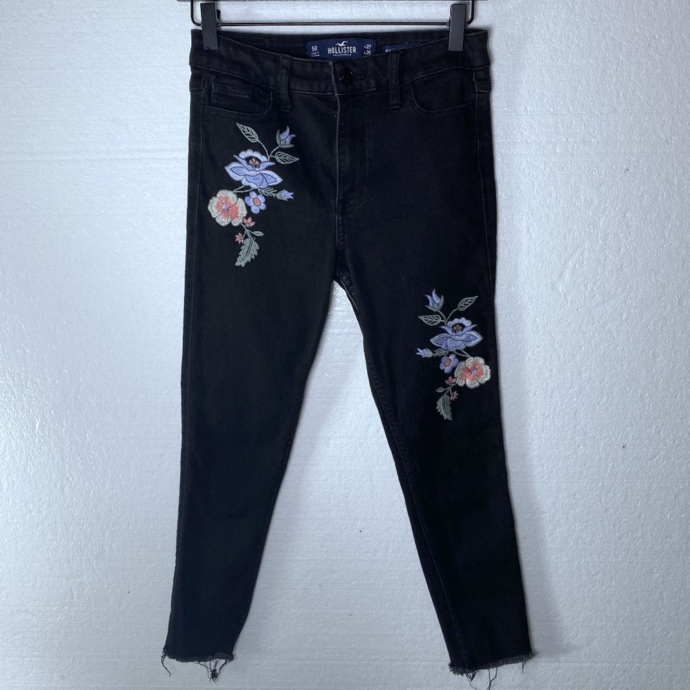 Hollister Womens Size 27 High Rise Super Skinny Crop Jeans Floral Embroidered